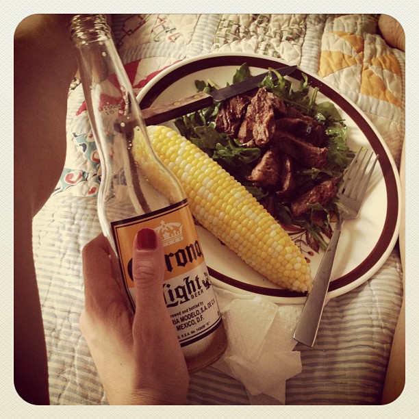 Dinner in (on?) bed b/c the a/c doesn't reach to the living room. #heatpocalypse #ramshackleglam