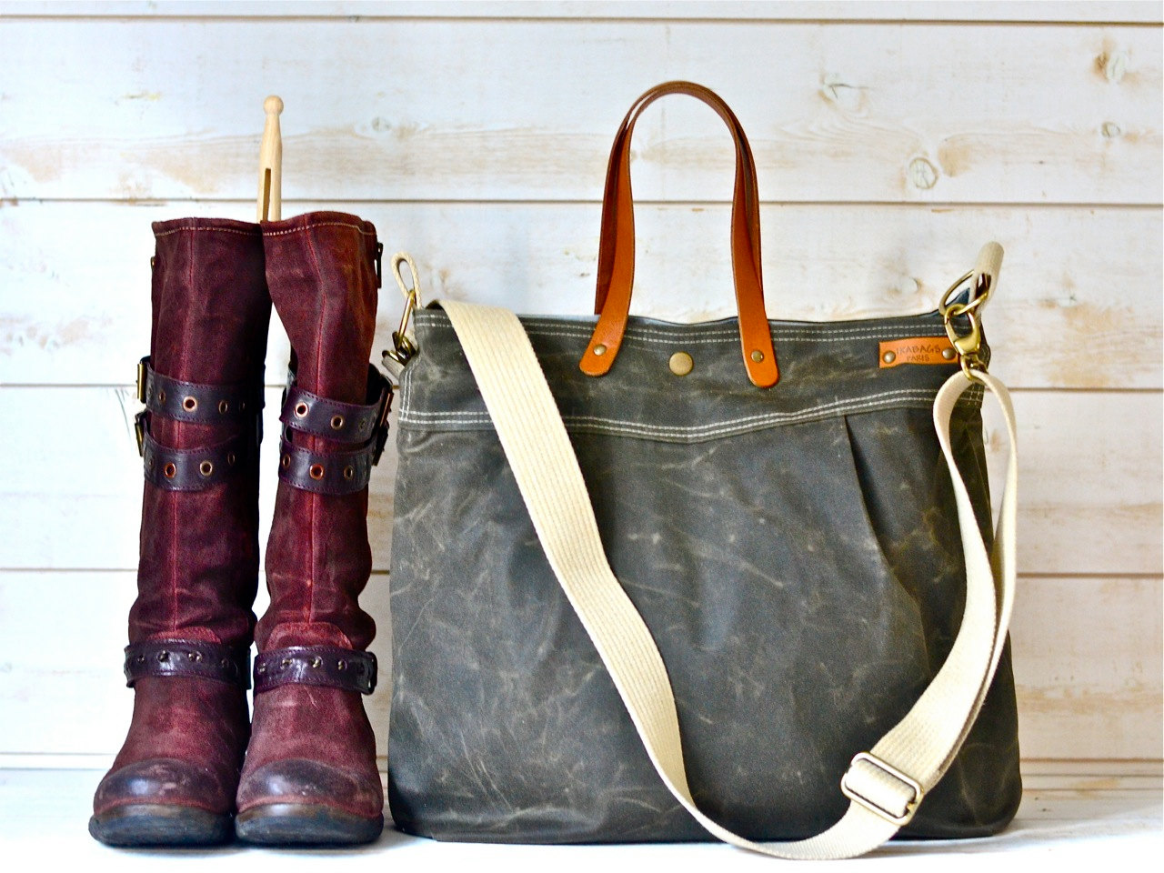 Waxed canvas khaki diaper bag