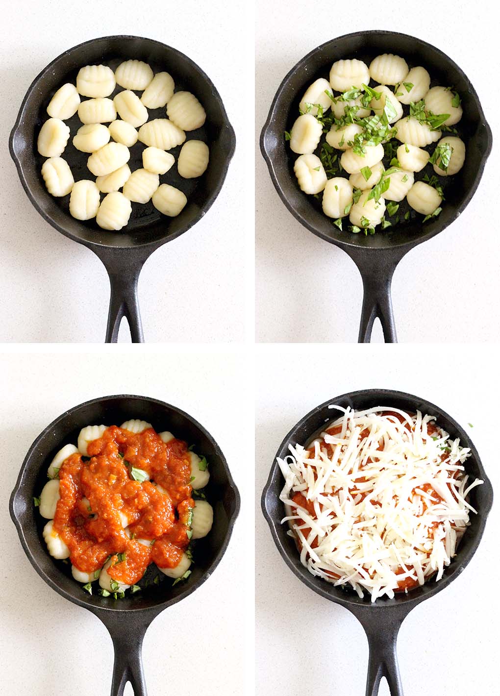 four ingredient gnocchi with marinara sauce and fresh basil